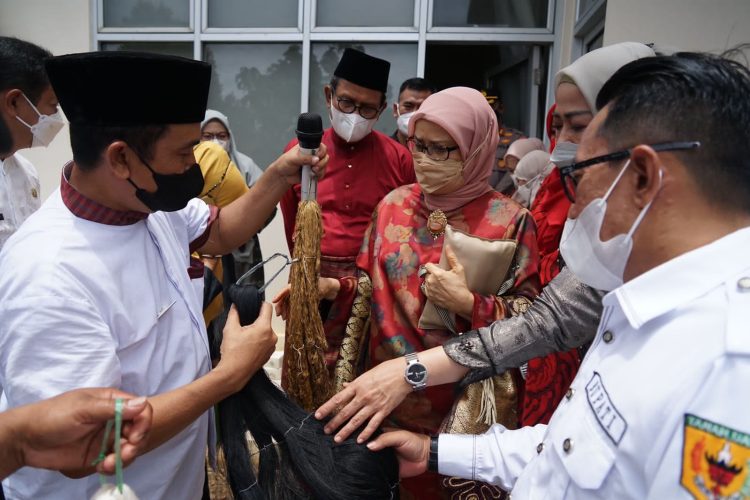 Ny. Mufida Jusuf Kalla dan rombongan saat mengunjungi UMKM di Sentra Tenun Lintau Buo Tanah Datar, Jumat (18/03/22).