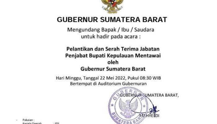 Besok, Martinus Dahlan S.Sos Dilantik Sebagai Pj. Bupati Kabupaten Kepulauan Mentawai
