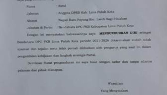 Surat Pengunduran Diri Bendahara DPC PKB Lima Puluh Kota Tersebar ke Publik, Ini Tanggapan Asrul!