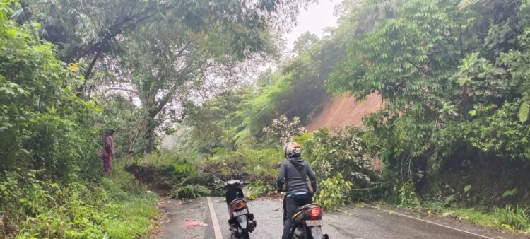 Pengendara sepeda motor terhalang longsor yang terjadi di jalan penghubung Kabupaten Agam dan Tanah Datar di Nagari Tanjung Alam, Rabu (27/12) lalu. Bencana longsor yang sering terjadi dalam seminggu terakhir dinilai menjadi salah satu penyebab turunnya angka kunjungan wisatawan ke Tanah Datar jelang tutup tahun. REZKY