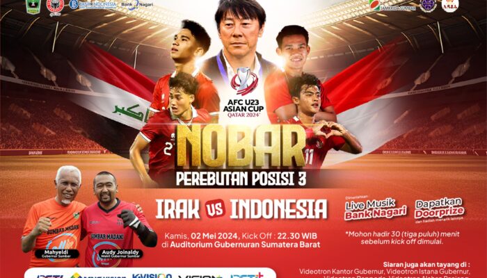 Pemprov Sumbar Gelar Nobar Indonesia U-23 vs Irak Bertabur Doorprize, Delapan Videotron dengan Sound Sistem Disiapkan