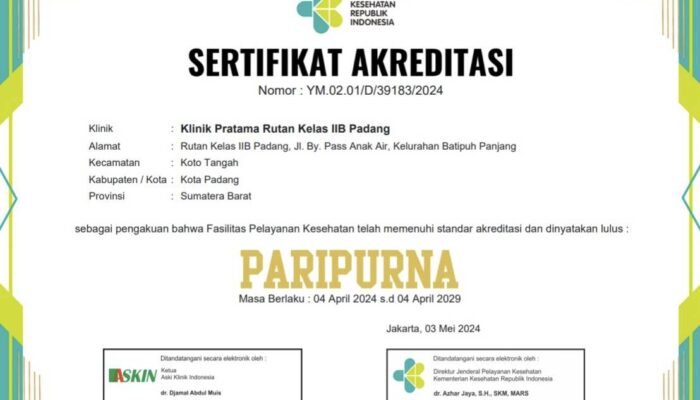 Klinik Rutan Padang Berhasil Raih Akreditasi Paripurna