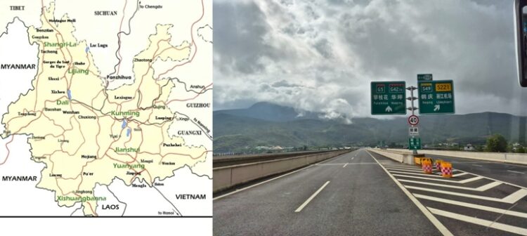 Jaringan jalan tol di Provinsi Yunan. Garis warna hitam adalah jalan tol nasional, dan merah jalan tol provinsi/daerah. (kiri) RUAS jalan tol nasional dari Dali–Kunming, Yunnan. Sepi dan lempang. HASRIL CHANIAGO (kanan)
