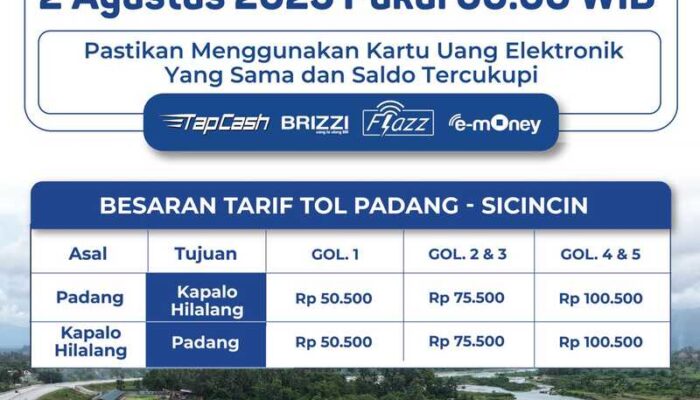 Mulai 2 Agustus 2025, Tarif Tol Padang–Sicincin Berlaku, Siapkan Kartu Uang Elektronik