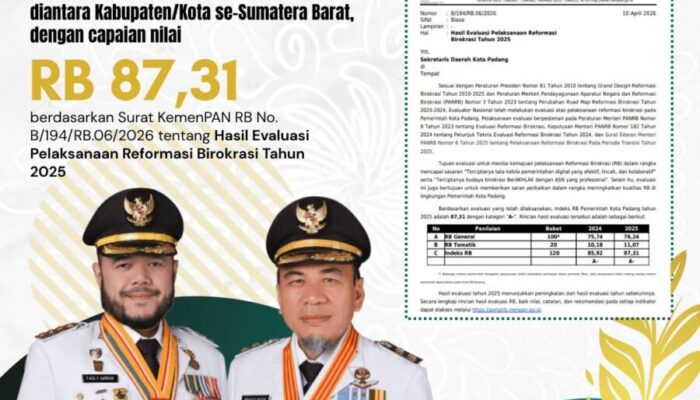 Padang Raih Indeks Reformasi Birokrasi Tertinggi di Sumbar, Fadly Amran: Ini Amanah untuk Terus Melayani lebih Baik