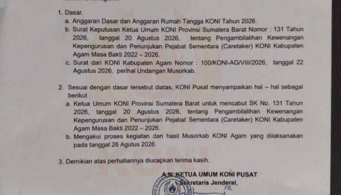 KONI Pusat Cabut SK Caretaker KONI Agam, Hasil Musorkab Diakui